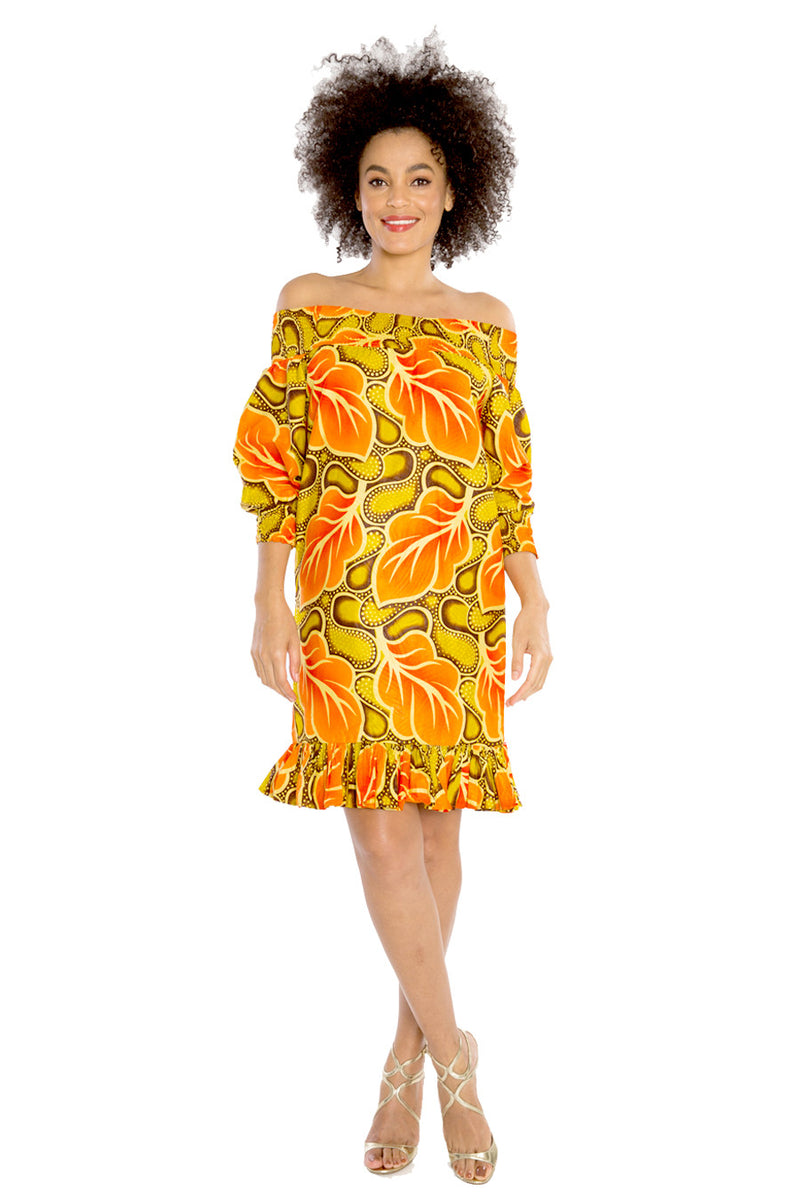 off shoulder dresses south africa African Print Off-Shoulder Midi Dress with Bell Sleeves KaraChic