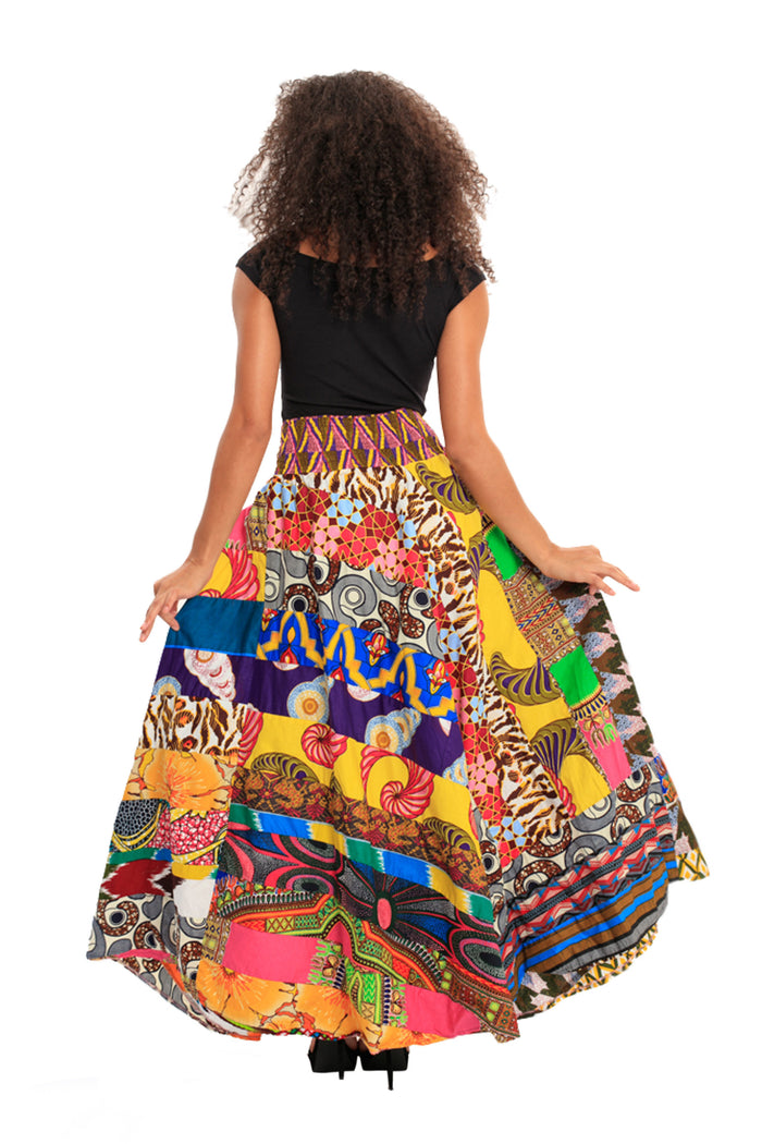 Boho Patch African Print Smocked Skirt